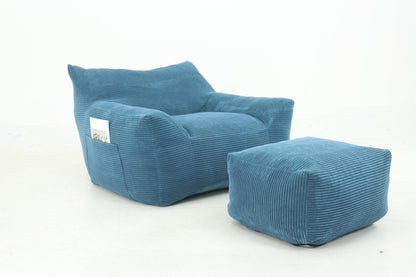 Oversized Bean Bag Chair for Adults, Large Comfy Foam Filled Lounger with Armrests for Living Room, Bedroom & Dorm, 42" W x 43" D x 31" H, Includes Ottoman (Blue)