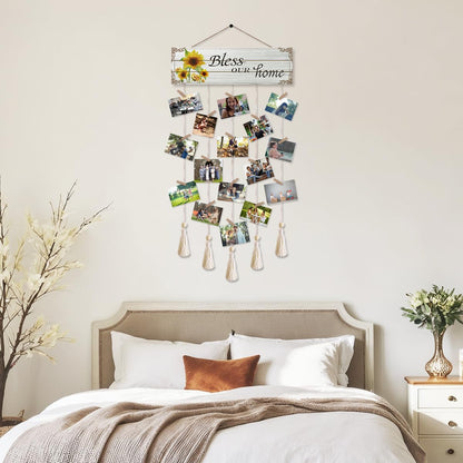 Gwisml Home Collage Picture Frames,Clip Photo Holders for Wall,Wooden Hanging Photo Display with 16 Clips 5 Strings,Bless Our Home Sign Wall Decor