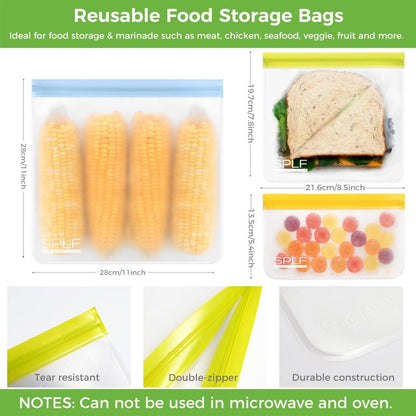 SPLF 9 Pack Reusable Gallon Freezer Bags Dishwasher Safe, BPA Free 1 gallon Leakproof Silicone and Plastic Free Food Storage Bags for Meal Prep, Fruits, Sandwich, Snack, Travel Items - Muticolor