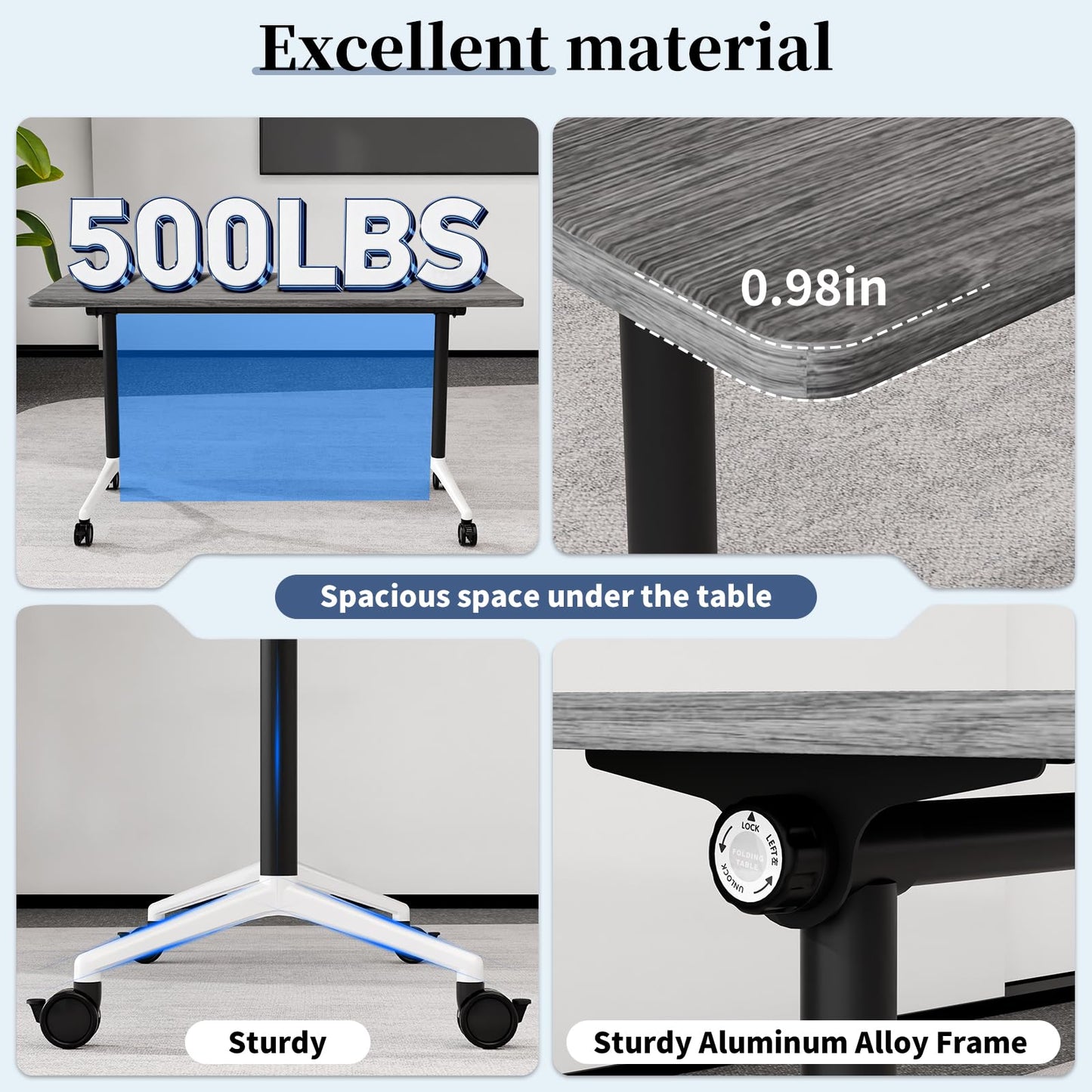 Modular Folding Conference Table with Wheels,4 Pack Mobile Conference Room Tables,Filp Top Rolling Meeting Training Tables for Office,Classroom,Library,Seminar,Boardroom,school(4pack,Grey,47in)