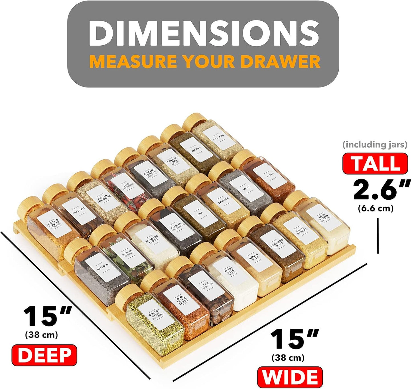 24 378 3 15" 15" 2.6" SpaceAid Bamboo Spice Drawer Organizer with Spice Jars, White Minimalist Spice Labels, Tier