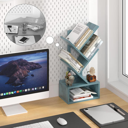 Shelf,5 SHEEPAM Small Tree Book Tier Black Tree Bookshelf,Blue Desktop Bookcase,Modern Desk Display Storage