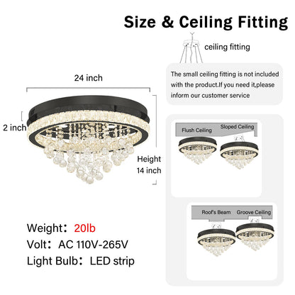 Shial Lighting Dia 24" Modern Crystal Chandeliers for Dining Room,Black Raindrop Chandelier Flush Mount Chandeliers for Living Room Bedrooms Dining Room Dimmable 2700k 4500k 6000k