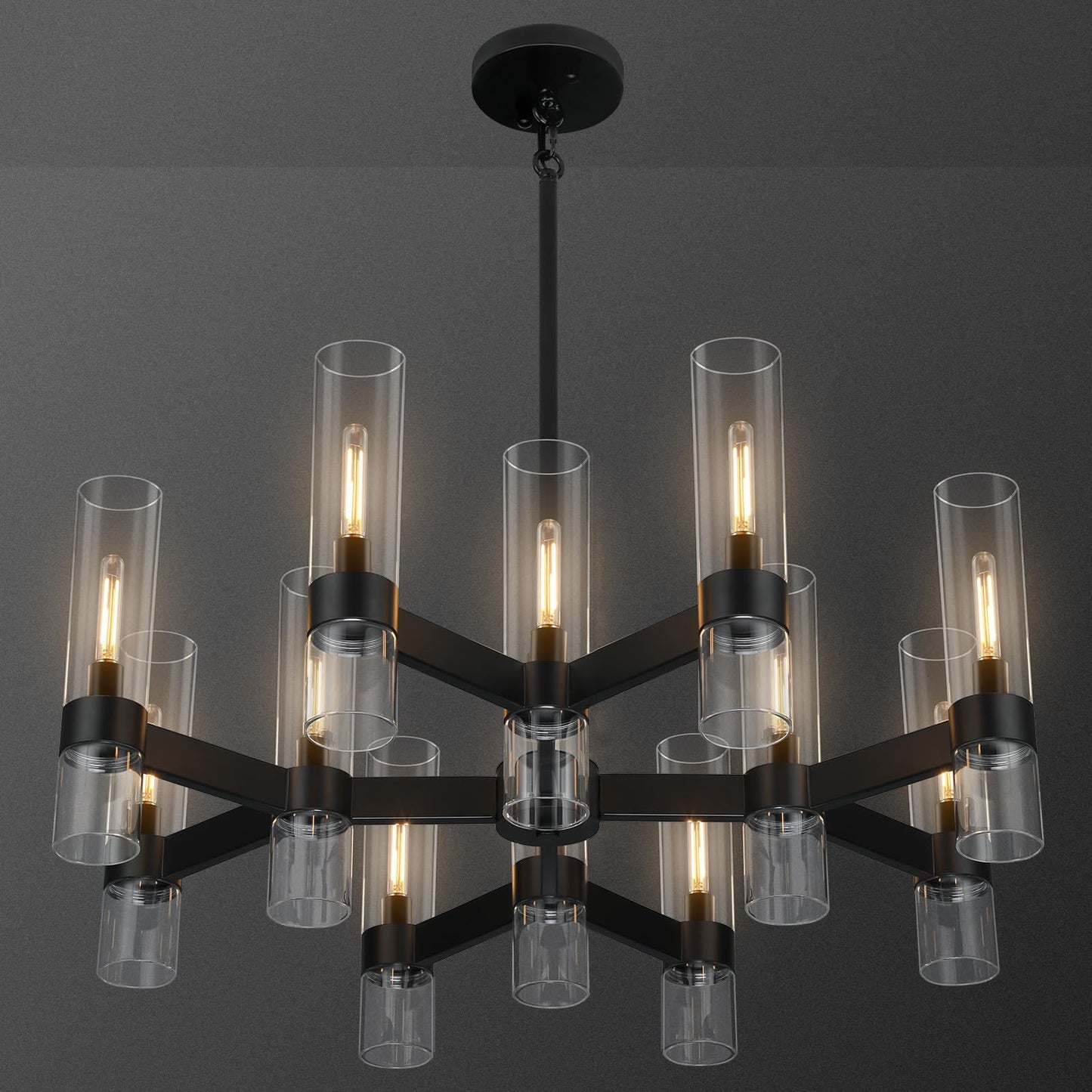 12 Light Black Chandeliers for Dining Room Light Fixtures Over Table, Modern Farmhouse Chandelier with Clear Glass Cover for Living Dining Room Kitchen Island Bedroom Foyer 34"