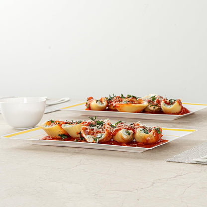 Restaurantware Moderna 9.5 x 6.3 Inch Premium Disposable Plates 100 Rectangular Plastic Plates For Parties - Gold-Rimmed Durable White Plastic Dinner Plates For Warm And Cold Foods