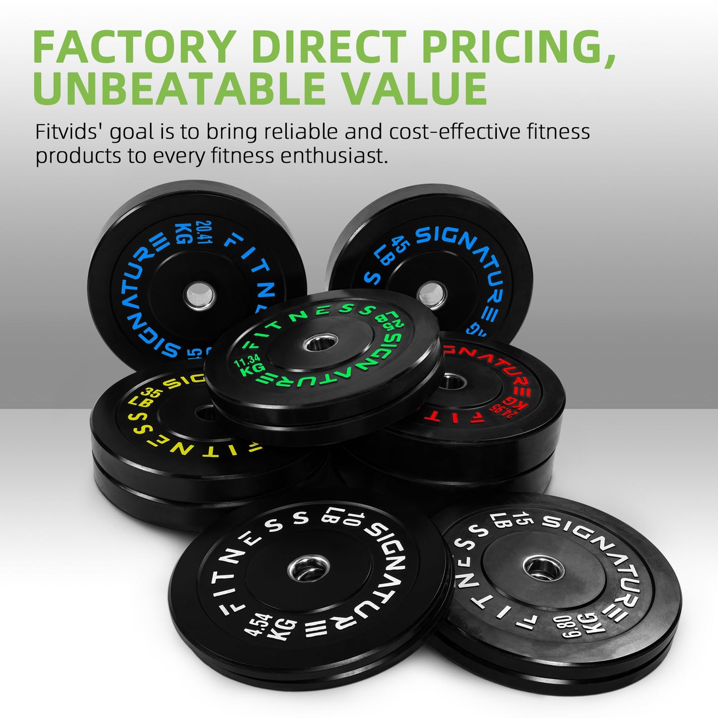 Fitvids 2" Olympic Bumper Weight Plates Set for Barbell – 370LB Set (10/15/25/35/45/55 Pair) – Colored