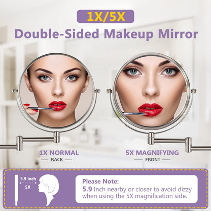 ALHAKIN 9" Wall Mounted Lighted Makeup Mirror, Large Rechargeable 1X/10X Magnifying Mirror with 3 Color Lights Dimmable, 360° Rotation, Nickel