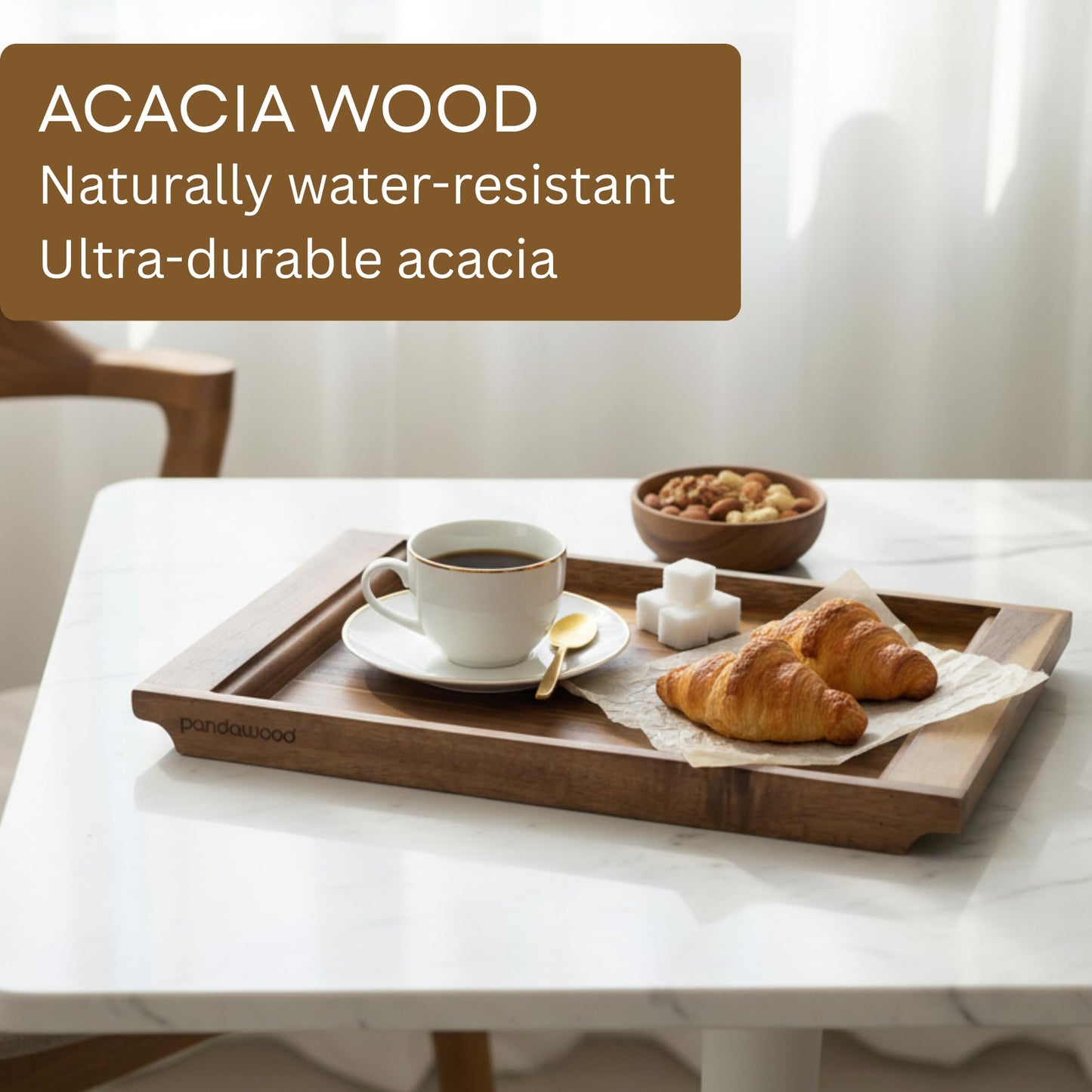 PANDAWOOD Wood Serving Tray - Large Acacia Wooden Tray for Coffee Table Ottoman - Ottoman Tray Decor - Rectangle Wood Tray for Kitchen Counter 15.7"x11"