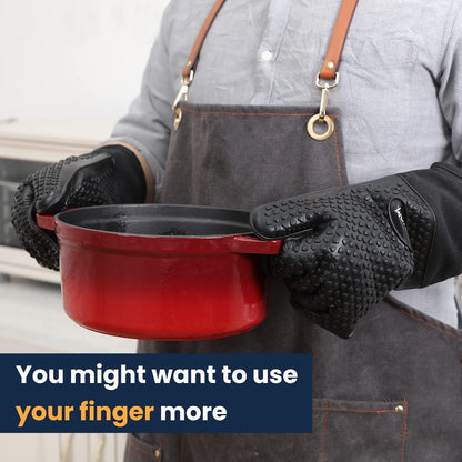 GEEKHOM BBQ Gloves Heat Resistant, 13.7 Inch Long Waterproof Silicone Oven Mitts for Grilling and Smoker, Non-Slip 5 Finger Kitchen Hot Mitts for Baking, Cooking & Cast Iron, Black