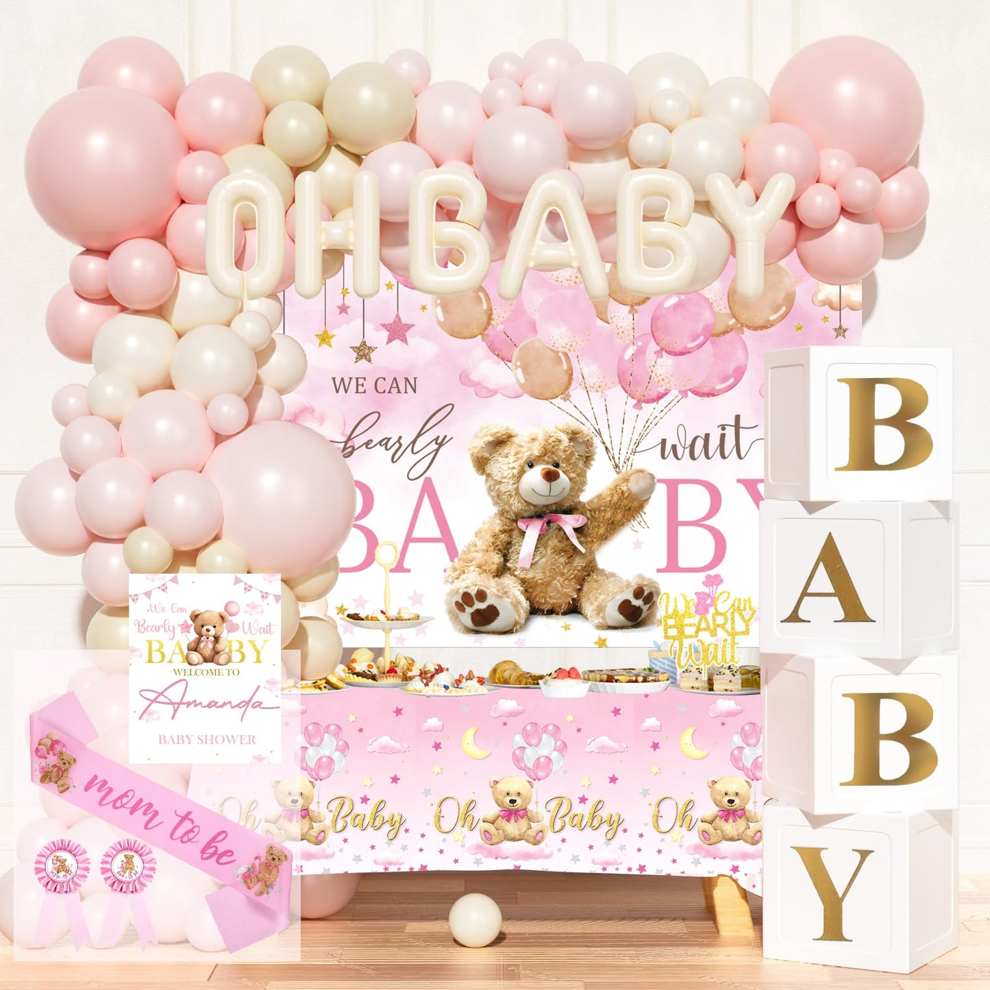 Hombae We can Bearly wait Baby Shower Decoration – 116 PCs Baby Girls Teddy Bear Party Supplies with Teddy Bear Printed Backdrop, Balloon Garland, Tablecloth, Balloon Boxes, Sash, Badges