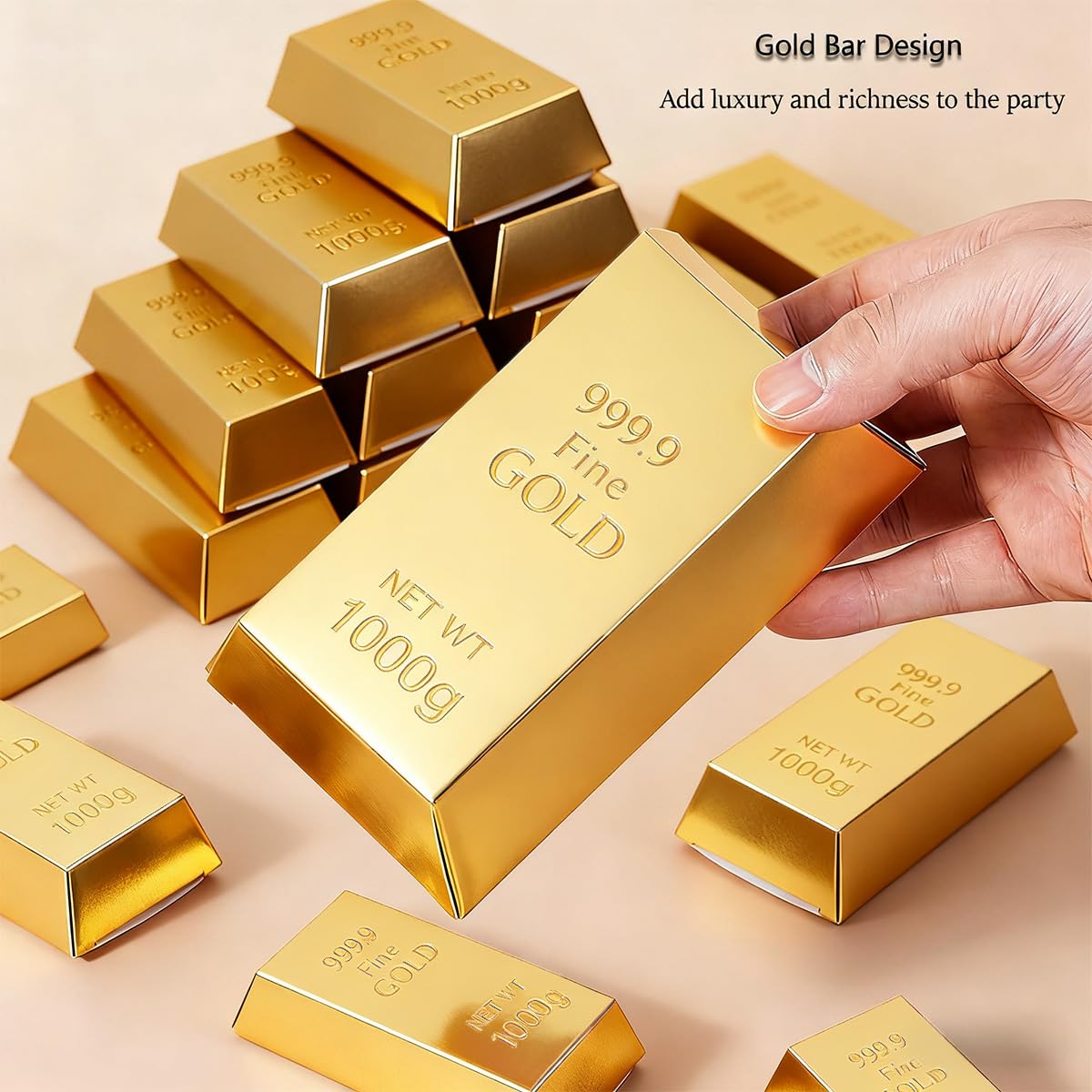 Rowcay 48 Pcs Fake Gold Bar Party Favor Boxes, Foil Paper Golden Treasure Brick Gift Boxes for Pirate Casino Theme Decorations, Candy Chocolate Treats Toys Coins(5.5 x 3.2 x 1.6 Inches)