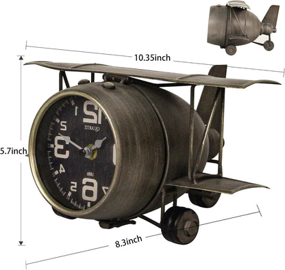 TenFuju Airplane Metal Tabletop Clock Industrial Home Decor Accents for The Mantel, Shelf, Desk, or Any Table Top
