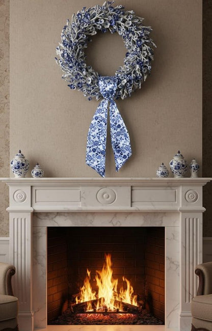 Chinoiserie Wreath Sash - Blue Floral Ribbon Decor for Front Door | 55x5 Inch Indoor/Outdoor Bow
