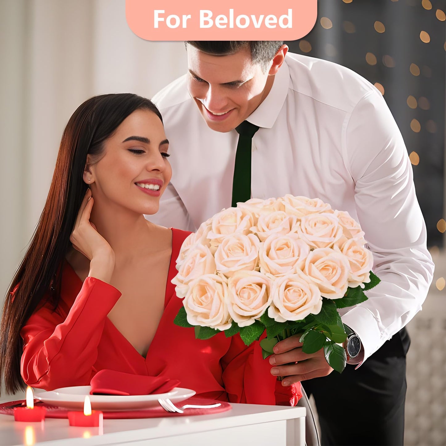 50 Pcs Champagne Roses Artificial Flowers, Real Touch Velvet Roses Bouquet Fake Flowers Bulk, Artificial Roses with Long Stems for Birthday Gift Women Mom DIY Bridal Wedding Centerpiece Decorations