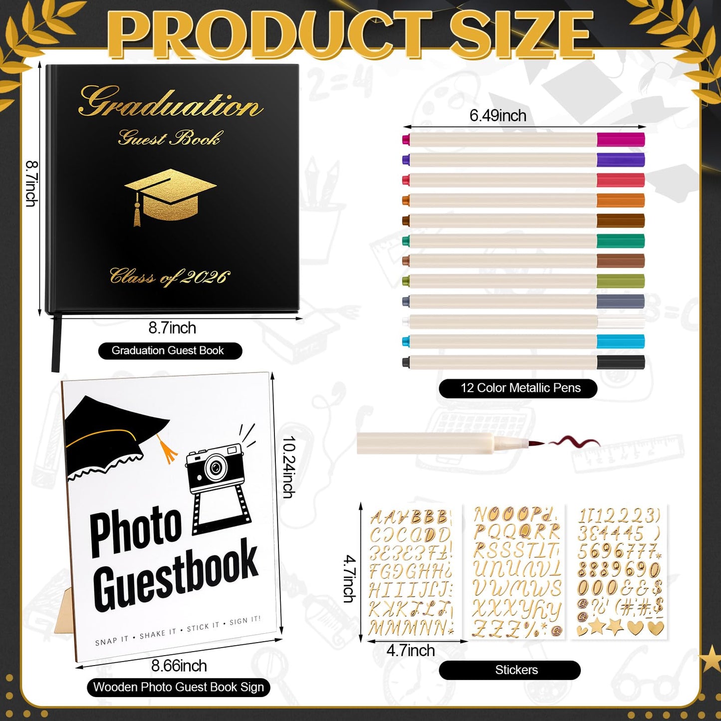 LawnIdyll 2026 Graduation Guest Book with Photo Sign Metallic Pens Stickers 144 Pages Class of 2026 Scrapbook Album Gift Memory Book for High School College Graduation Party Supplies (Black)