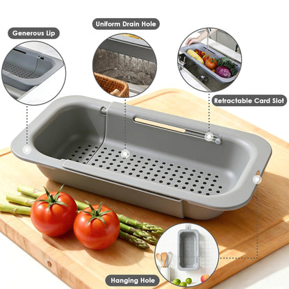 Extendable Colander Strainer Basket, Over the Sink Colander and Strainer for Kitchen, Wash Vegetables and Fruits, Drain Pasta and Dry Dishes, Adjustable Colander from 13.5In to 18.7In, Gray