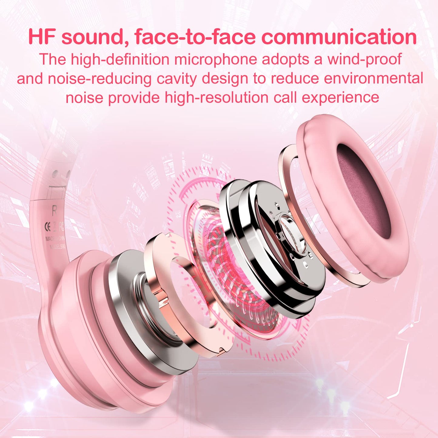 SIMGAL Pink Bluetooth Cat Ear Headphones for Kids & Adults, Wireless & Wired Mode Foldable Headset with Mic - Clear Sound Quality - RGB LED Light, for Girls School Gaming, for Phone/Laptop/PC/Tablet