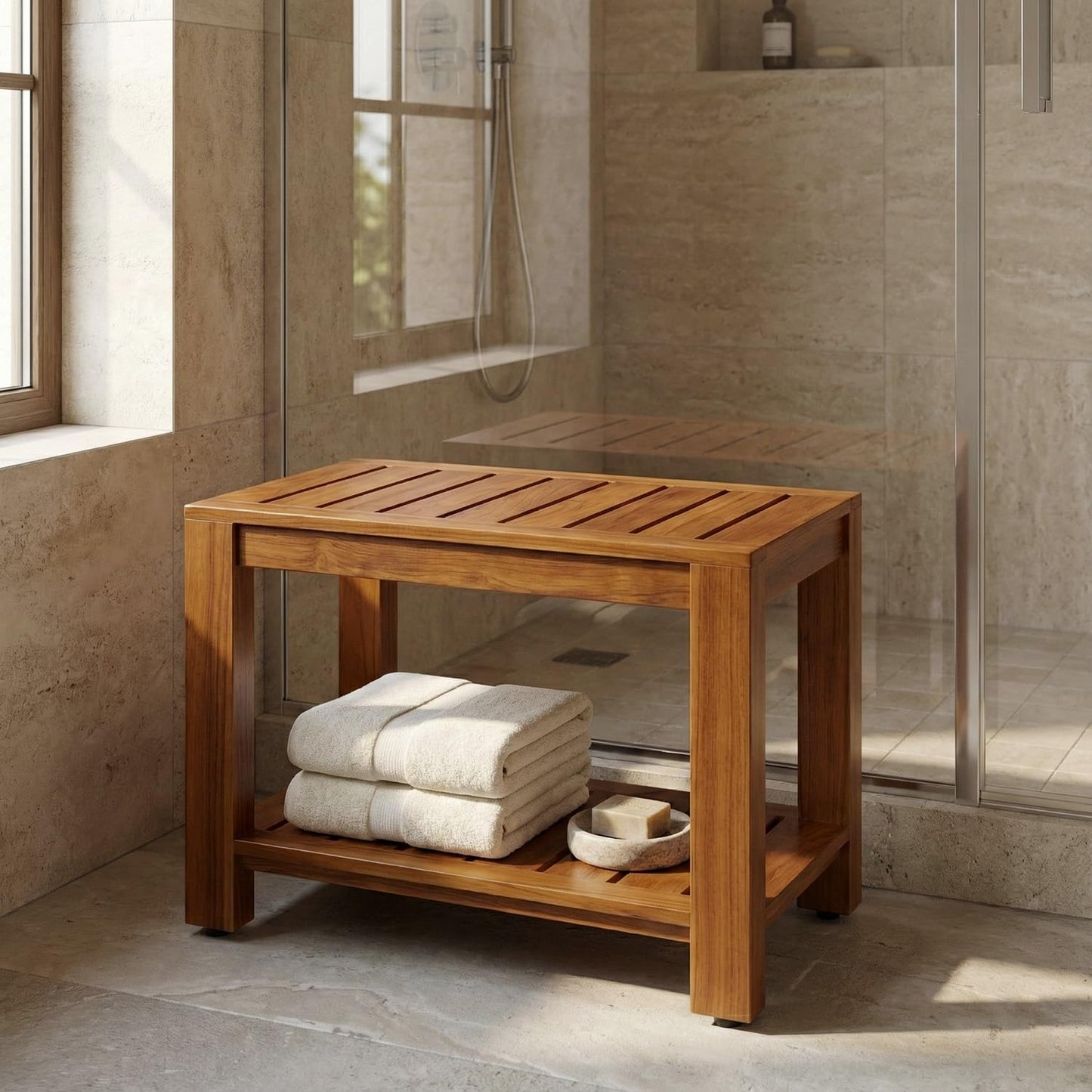 TeakCraft Teak Shower Bench with Shelf, 24” Wide, Shower Stool, Fully Assembled Bathroom Shower Seat, Water-Resistant Spa Bath Bench for Shower, Bathroom & Entryway, The Tara
