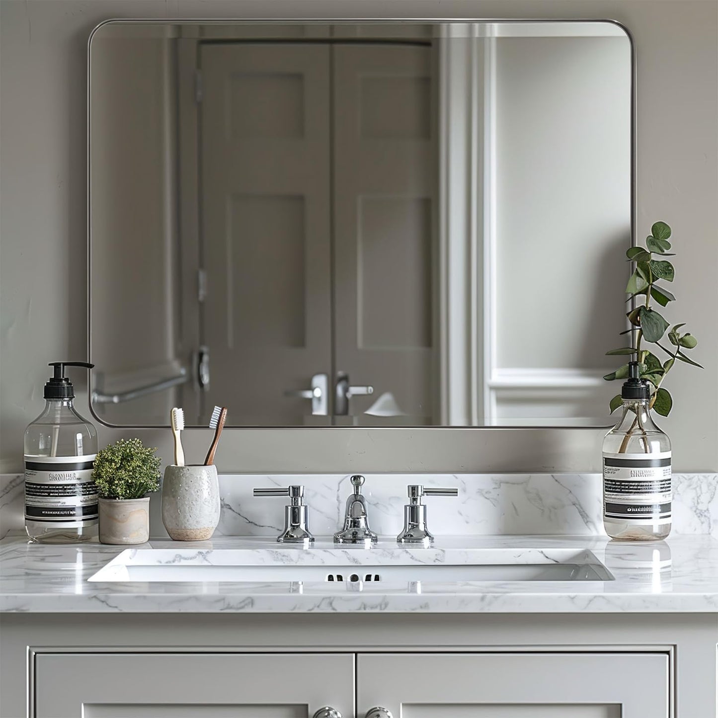 ANDY STAR 30"x48"Chrome Bathroom Mirror, Large Wall Mirror for Bathroom, Rounded Rectangle Mirror in Premium Stainless Steel Metal Frame Hangs Horizontal Or Vertical