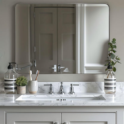 ANDY STAR 36"x48"Chrome Bathroom Mirror, Large Wall Mirror for Bathroom, Rounded Rectangle Mirror in Premium Stainless Steel Metal Frame Hangs Horizontal Or Vertical…