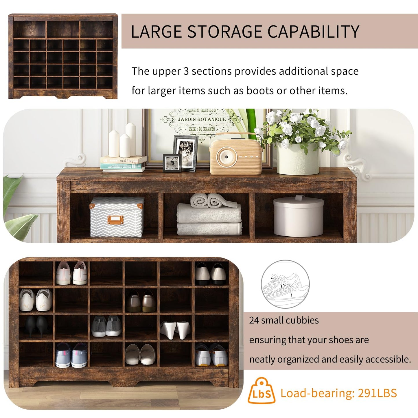 Merax Sleek Design 24 Shoe Cubby Console, Modern Storage Cabinet with Curved Base, Versatile Sideboard for Hallway, Bedroom, Living Room, Rustic Brown