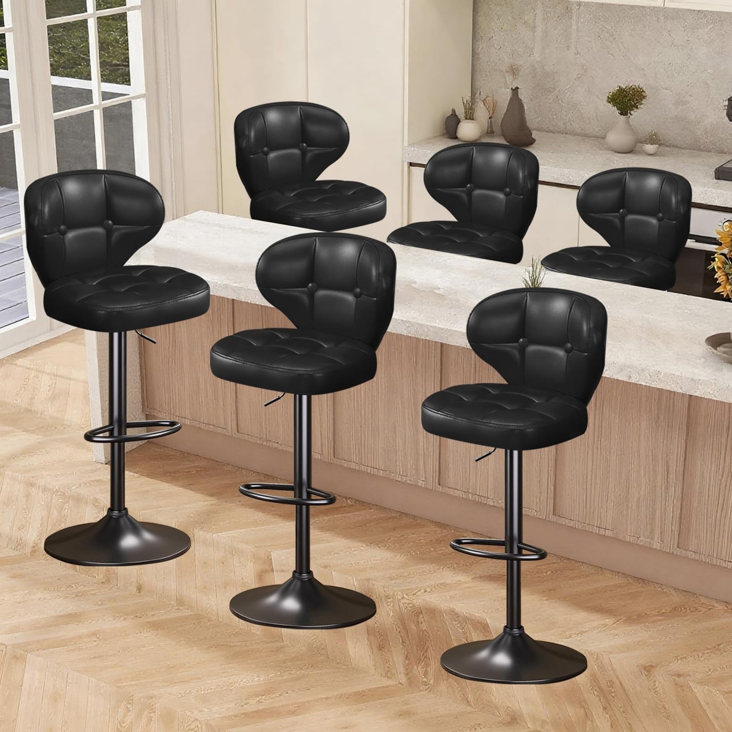 Walktory Bar Stools Set of 6, Adjustable Swivel Bar Stools with Back, Counter Height Bar Chairs with Footrest, PU Leather Padded Seat, Metal Base, Kitchen Island Dining Room Black