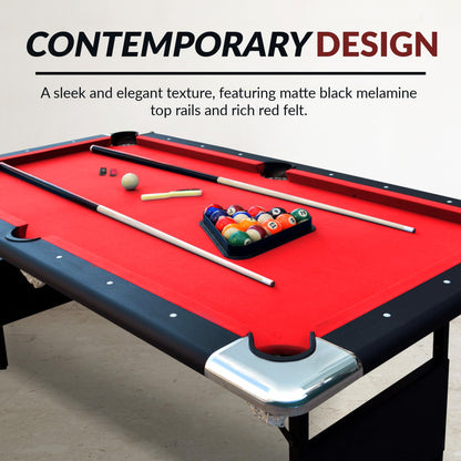 Hathaway Fairmont 6 Foot Folding Pool Table – Includes Full Set of Billiard Balls, Cues, Chalk, Triangle, and Carrying Bag – Portable Billiard Table with Red Felt, Black Finish