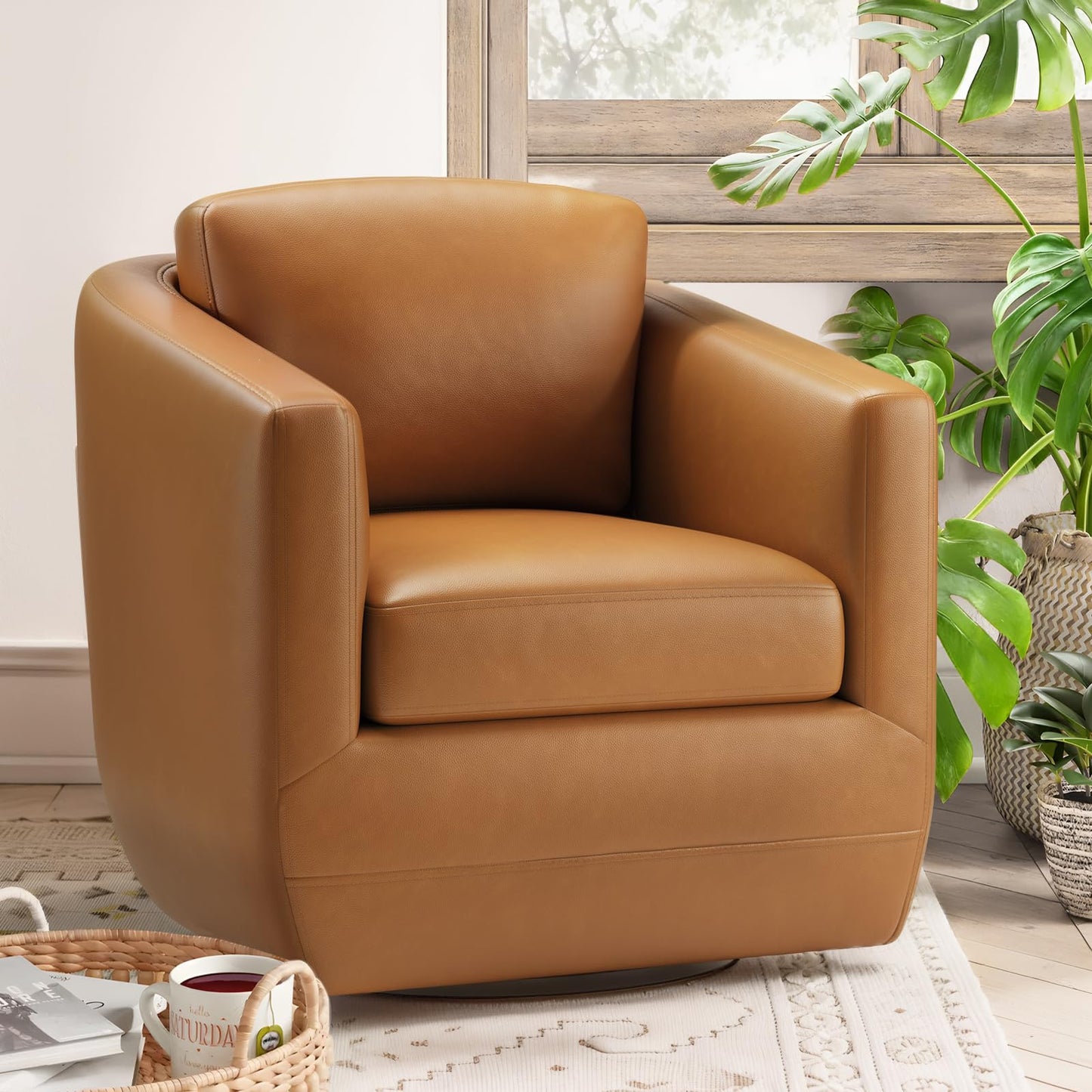 MALOL 360° Swivel Accent Chair Set of 2 with Pillow - Comfy Living Room Armchair No-Sag Foam & Sturdy Metal Base, Fully Assembled Swivel Accent Single Sofa for Bedroom Living Room, Office, Brown