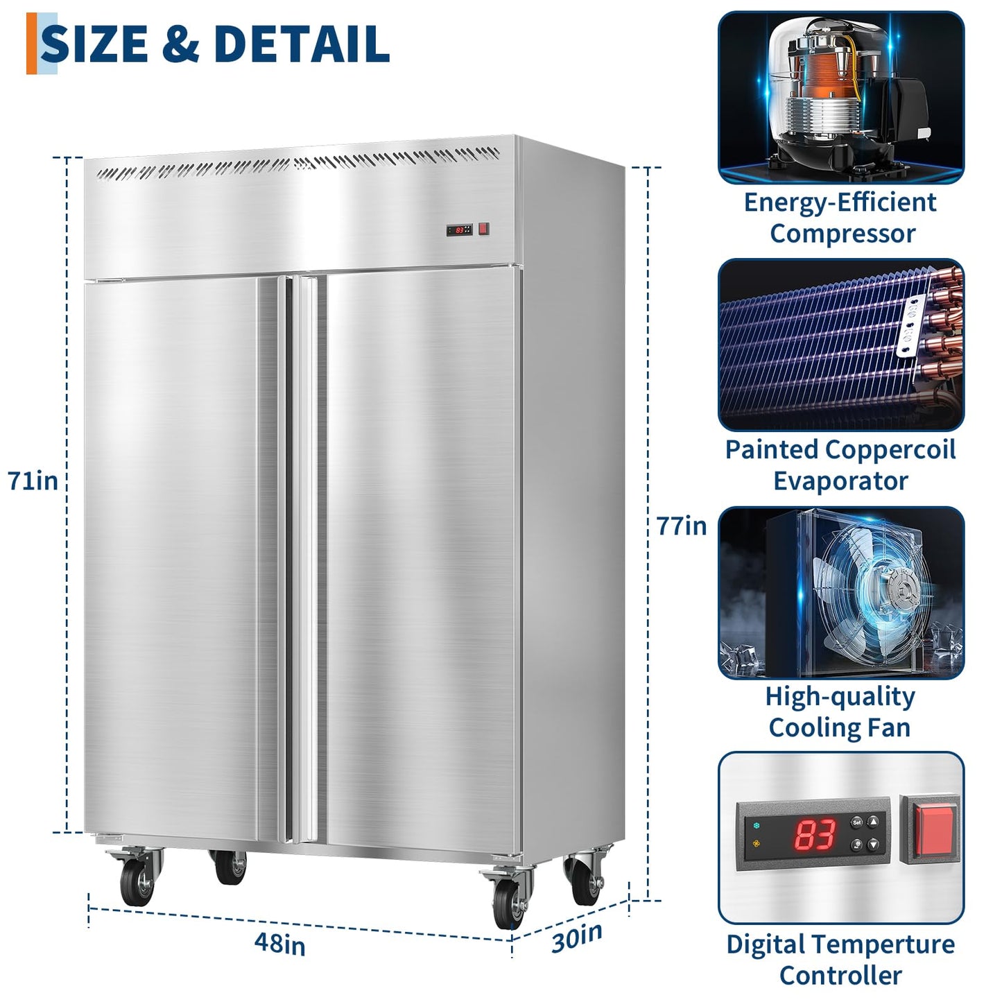 48" W Commercial Freezer -8°F~0°F with 2 Door, Reach-in 36 Cu.ft Stainless Steel Commercial Refrigerator Fan Cooling, Auto Defrost, 6 Adjustable Shelves, for Restaurant, Bar, Kitchen, Shop