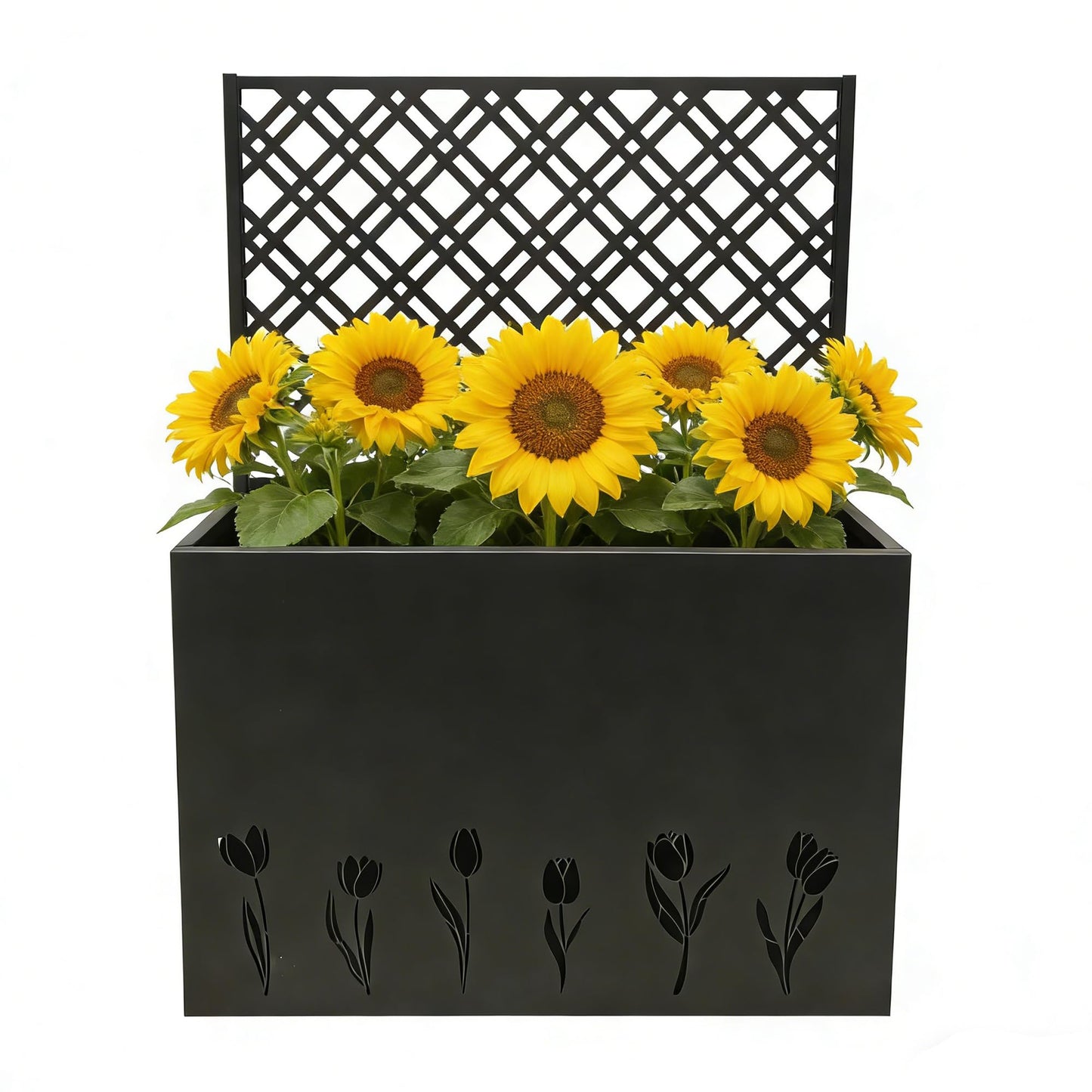 Amacv Tall Metal Planter Raised Garden Bed with Trellis 35.5in L x 11.9in W x 47.3in H - Large Flower Box Privacy Screen for Porch, Patio, Garden, Commercial Décor, Tulip Black