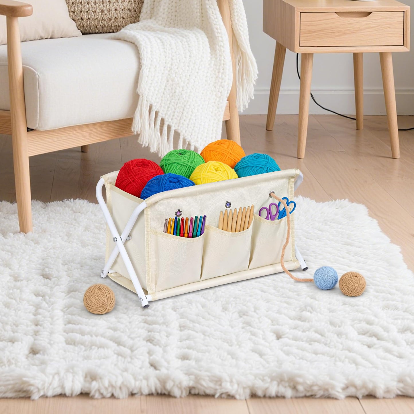 KEEGH Large Capacity Yarn Storage Organizer, Installation-Free Yarn Caddy with 3 Pockets Crochet Bag Organizer for Crochet Hooks, Knitting Needles, Accessories