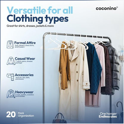 coconino Plastic Hangers 20 Pack - Non-Slip Clothes Hangers with Built-in Hooks - Heavy Duty Space Saving Coat Hangers for Closet - Durable Clothing Hanger for Shirts, Pants, Dress, Coats - White