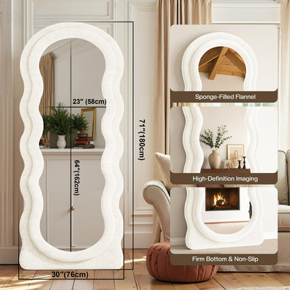 Anpark Full Length Mirror 71"x30" Arched Wavy Full Body Wall Mounted Floor Mirror Ivory Flannel Frame Leaning Hanging Wall Mirror for Bedroom Entrance