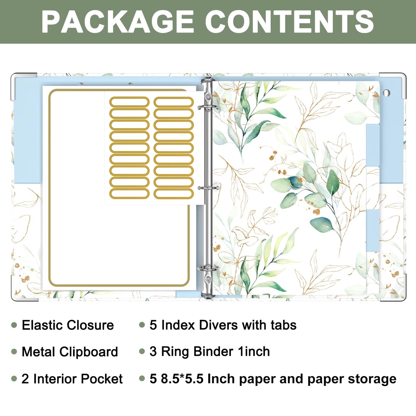 Rouidr Mini 3 Ring Binder with Clipboard, 1 inch Round 8.5 x 5.5 in Cute Binders Organizer with 5 Dividers Tabs & Clear Sleeves, School Supplies, Office Supplies, Leaves