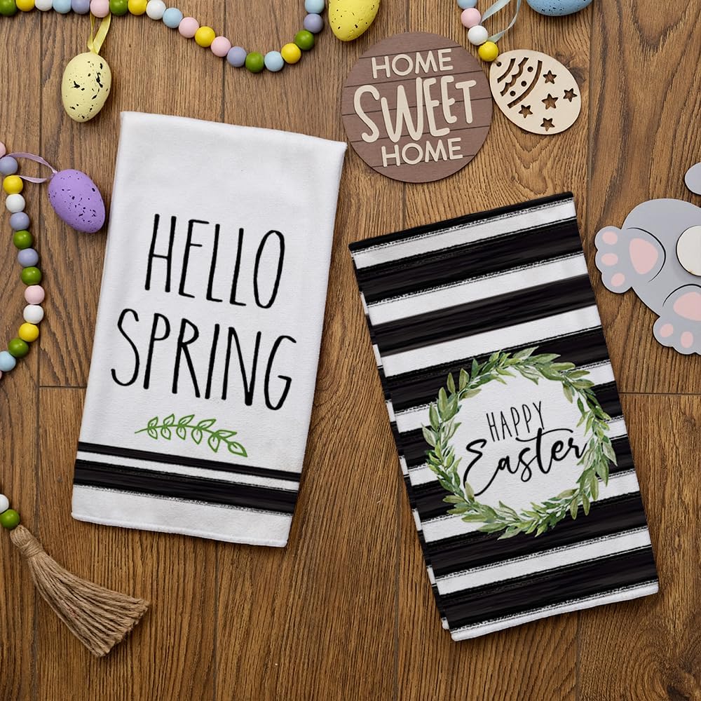 18x26 Inch, Set 2 ARKENY Easter Kitchen Towels - Green Wreath Dish Towels, Ultra Absorbent, Bar Drying Cloth, Happy