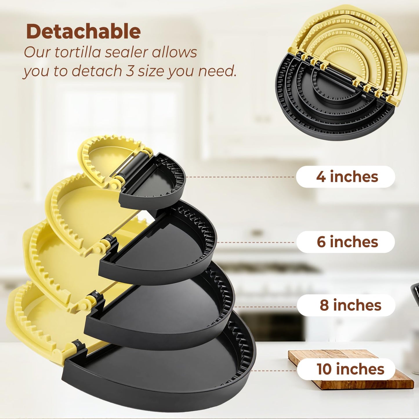 Zenflux 4-in-1 Portable Tortilla Sealer and Crimper - Quesadilla Maker & Empanada Press with 4 Detachable Sizes (4, 6, 8, 10 Inch), Create Sealed Quesadillas, Burritos, Dumplings, Black and Yellow