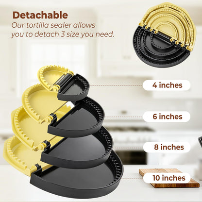 Zenflux 4-in-1 Portable Tortilla Sealer and Crimper - Quesadilla Maker & Empanada Press with 4 Detachable Sizes (4, 6, 8, 10 Inch), Create Sealed Quesadillas, Burritos, Dumplings, Black and Yellow