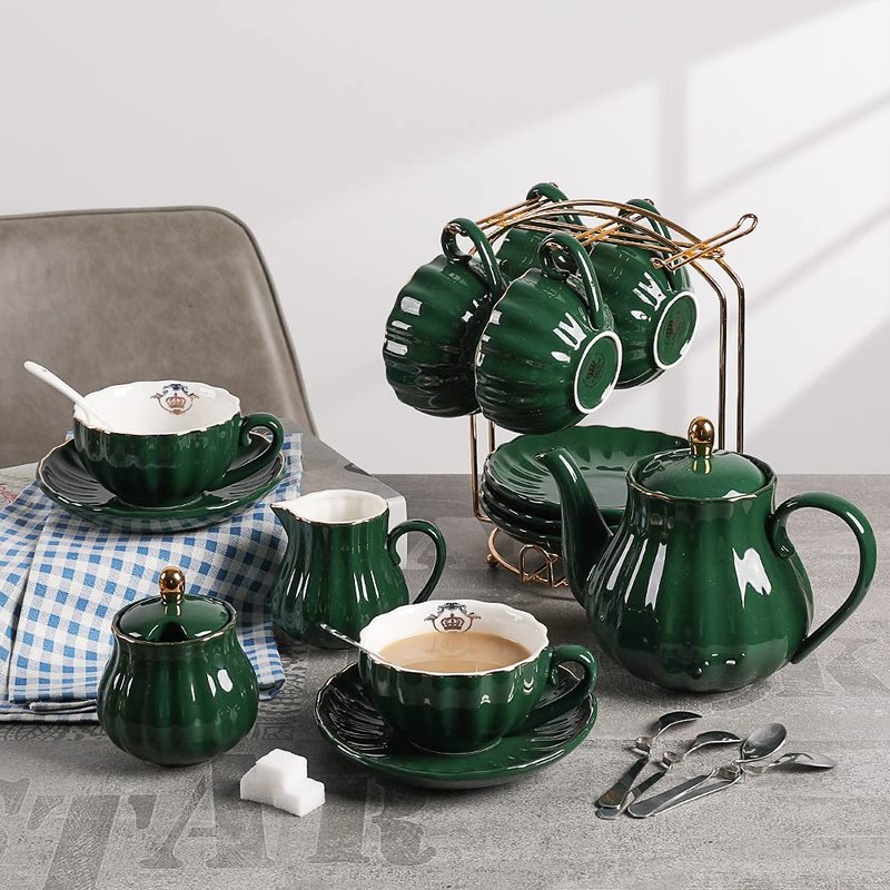 Sweejar Porcelain Tea Sets British Royal Series and 3 Tier Ceramic Cake Stand(Jade)