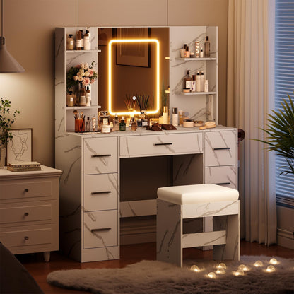 7-Drawer White Vanity Desk with Lighted Mirror & Dimmable LED Lights,Makeup Vanity Set with Power Outlets & USB Ports, 3 Color Lighting Modes, Cushioned Stool & Hair Dryer Holder, Dressing Table for