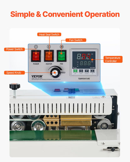 VEVOR Continuous Bag Band Sealing Machine, 0.24-0.47 in/6-12 mm Seal Width, Horizontal Band Sealer Machine with Digital Temperature Control Stainless Steel Bag Sealer for 0.02-0.8 mm Plastic Bag Film