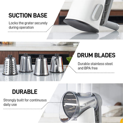 VEKAYA Rotary Cheese Grater Hand Crank with 4 Interchangeable Stainless Steel Blades, Large Manual Handle Shredder and Waffle Slicer for Vegetables, Cheese and Nuts with Table Suction Base(White Grey)