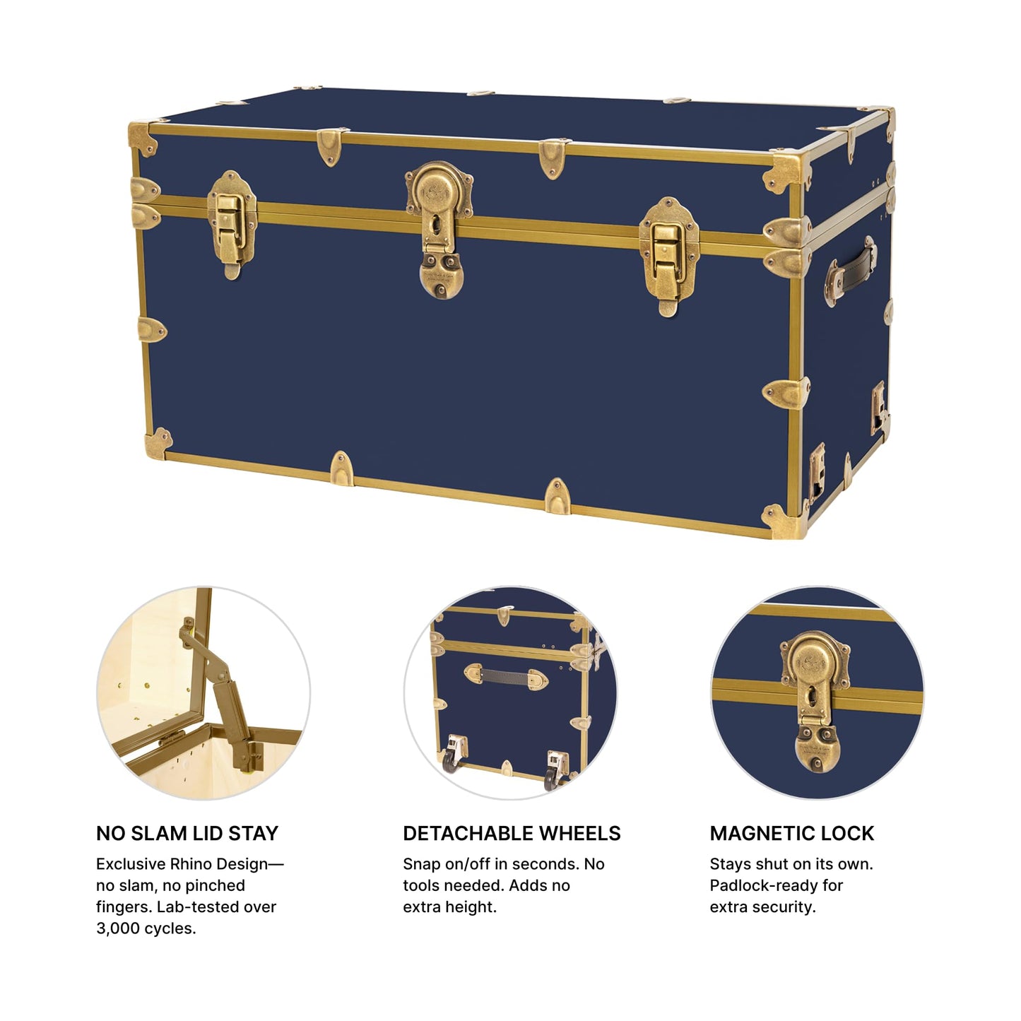 Rhino Trunk & Case Classic XXL College Trunk with Antique Brass Hardware, Soft Close - 36”x18”x18”, Seats 1500+ lbs, USA Made Secure Dorm Footlocker, Home Storage, Steamer Style Blanket Chest