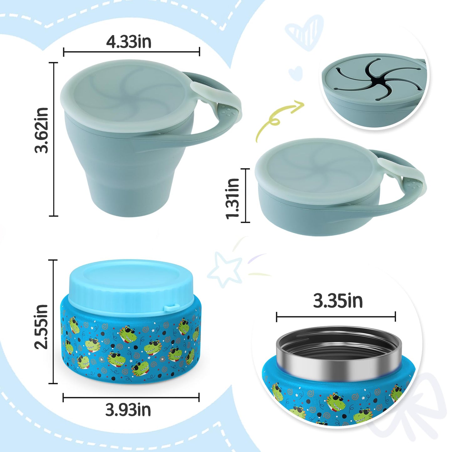 Zenvory 10oz Soup Thermo for Hot Food Silicone Snack Cup Set for Kids Lunch Thermo Leak-Proof Vacuum Stainless Steel Wide Mouth Food Jar for School Travel