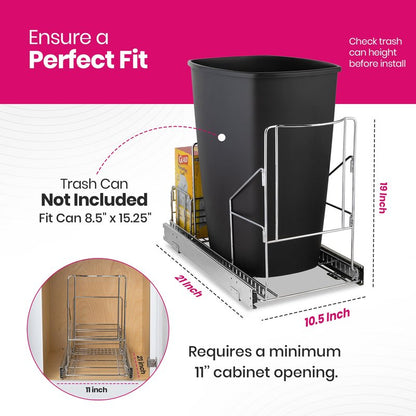HOLDN’ STORAGE Pull Out Trash Can Under Cabinet - Trash Can Not Included - Dedicated Space for Disposable Trash Bags, Requires a 11” Cabinet Opening, Adjustable, Heavy Duty, Anti Rust Chrome Finish