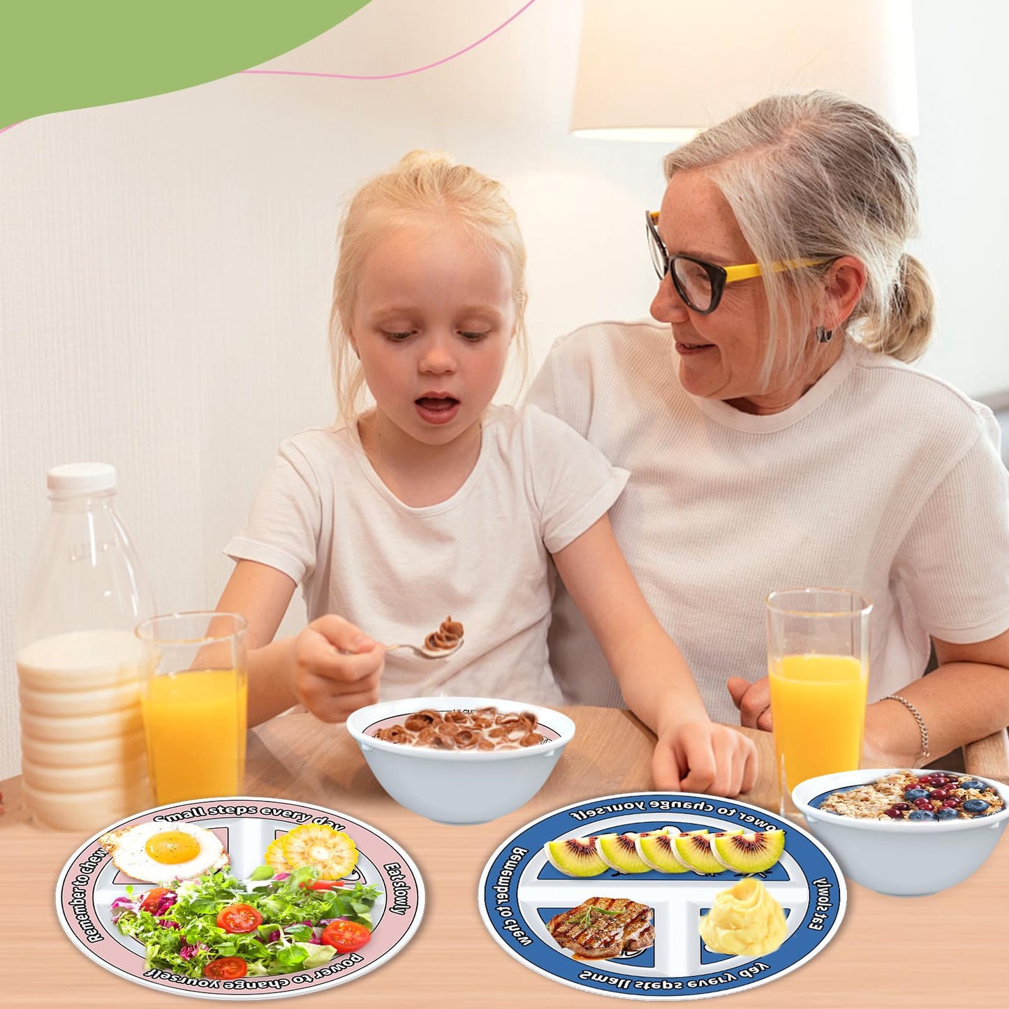 Viynran 4 Pcs Portion Control Plates & Bowls Set (2 Plates + 2 Bowls, 9 Inch) - Self-Measuring for Weight Loss, Gastric Bypass, LapBand, Diabetes & Healthy Diets, Pink & Blue, for Adults & Children