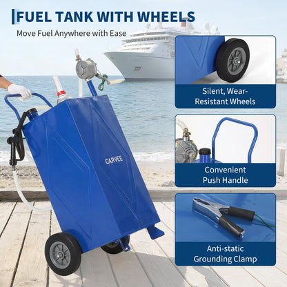 30 Gallon Fuel Gas Caddy Storage Tank, Portable Gas Caddy with Wheels, Manual Rotary Transfer Pump, Fuel Hose, Wide Fill Opening, Vent and Level Gauge, Mobile Gasoline Diesel Transfer Tank for ATV, Mower, Tractor, Car, Boat