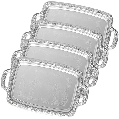 Tiangrid 4 Pcs Silver Serving Tray Elegant Floral Metal Plate Silver Platter for Buffet Wedding Party Jewelry Decorative (Oblong with Handle)