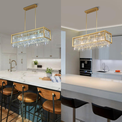 LMQNINE Modern Rectangle Chandelier for Dining Room, Gold Crystal Chandelier Linear Light Fixture, Farmhouse Chandeliers for Kitchen Island, Bar Table, L35.43'' x W11.81'' x H9.84''