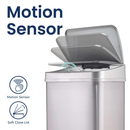 Ninestars 13 Gallon Automatic Trash Can, 50L Touchless Motion Sensor Garbage Can with Odor-Sealing Lid, Rectangular Stainless Steel, Silver Trim