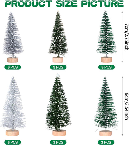 18Pcs Miniature Pine Trees Set, Sisal Trees with Wood Base for Christmas Crafting and Designing, Mixed Size